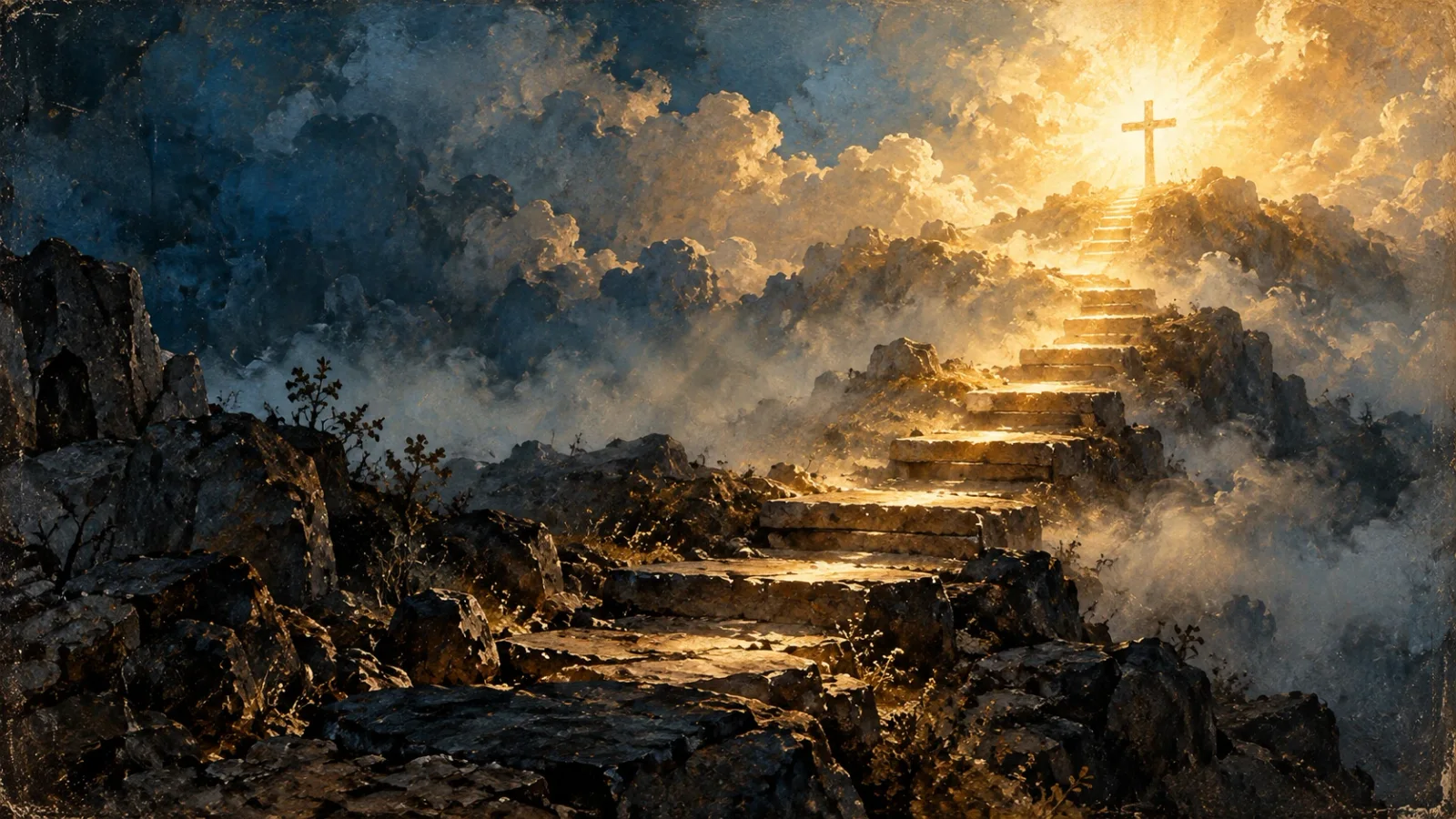 Escada de pedra iluminada subindo entre as nuvens até uma cruz de luz